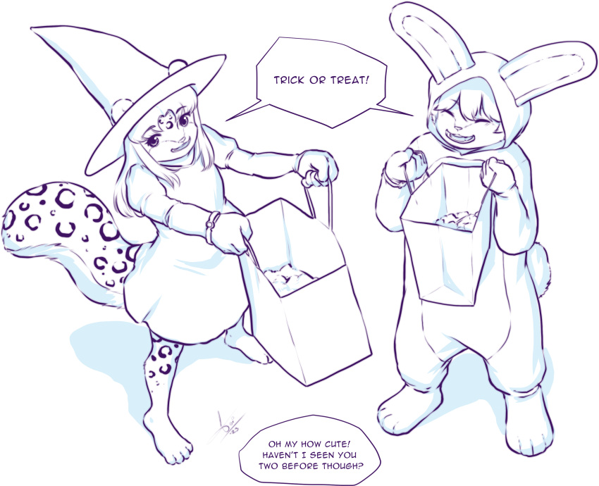 absurd_res anthro aogami brother brother_and_sister bunny_costume clothed clothing comic costume dialogue digital_media_(artwork) duo english_text felid female fur hair hi_res leopard male mammal monochrome pantherine sibling simple_background sister spots spotted_body spotted_fur text trick_or_treat witch_costume young