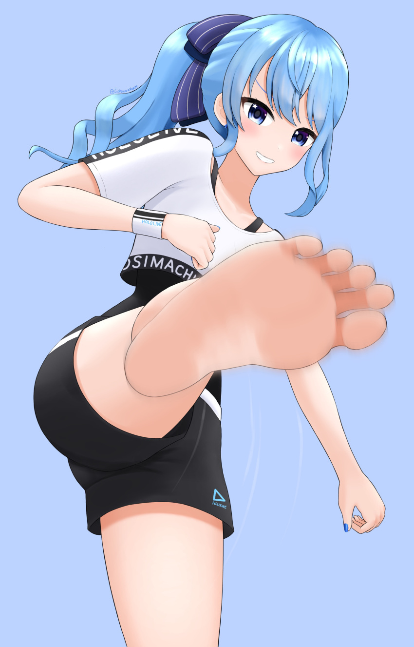 1girl absurdres black_shorts black_tank_top blue_eyes blue_hair blue_nails blue_ribbon blush character_name commentary_request copyright_name cropped_shirt feet foot_focus foreshortening hair_ribbon highres hololive hololive_dance_practice_uniform hoshimachi_suisei kicking motion_blur nail_polish official_alternate_costume ponytail ribbon shadow shirt short_shorts short_sleeves shorts sidelocks soles solo standing standing_on_one_leg star_(symbol) star_in_eye swept_bangs symbol_in_eye tamagotozi3420 tank_top teeth thighs virtual_youtuber white_shirt wristband