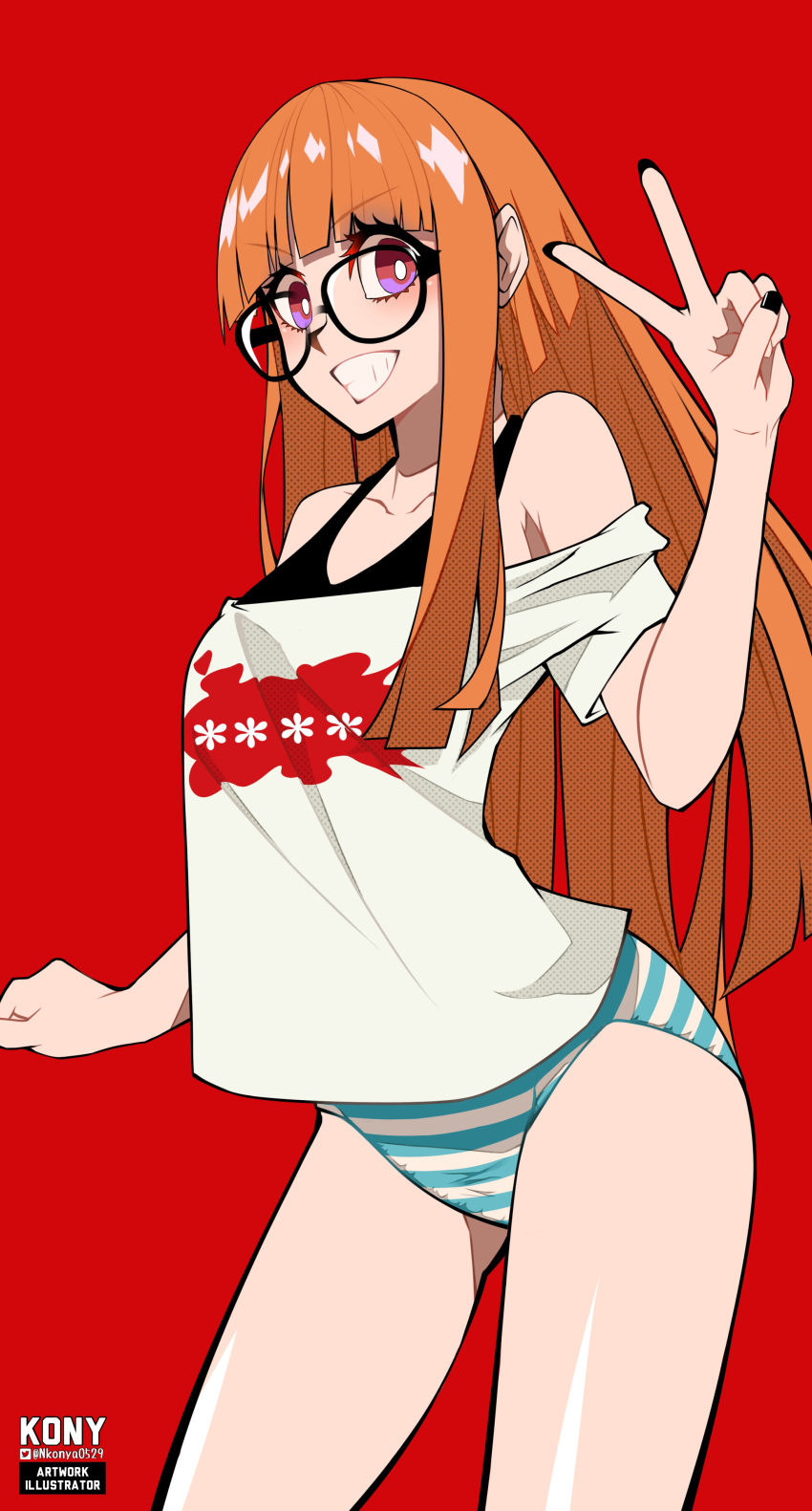 1girl absurdres artist_logo artist_name black-framed_eyewear black_nails black_tank_top blunt_bangs breasts cowboy_shot glasses grin hand_up highres long_hair nkonya no_pants off-shoulder_shirt off_shoulder orange_hair panties persona persona_5 print_shirt purple_eyes red_background round_eyewear sakura_futaba shirt simple_background smile solo striped striped_panties tank_top teeth thighs underwear v-shaped_eyebrows white_shirt