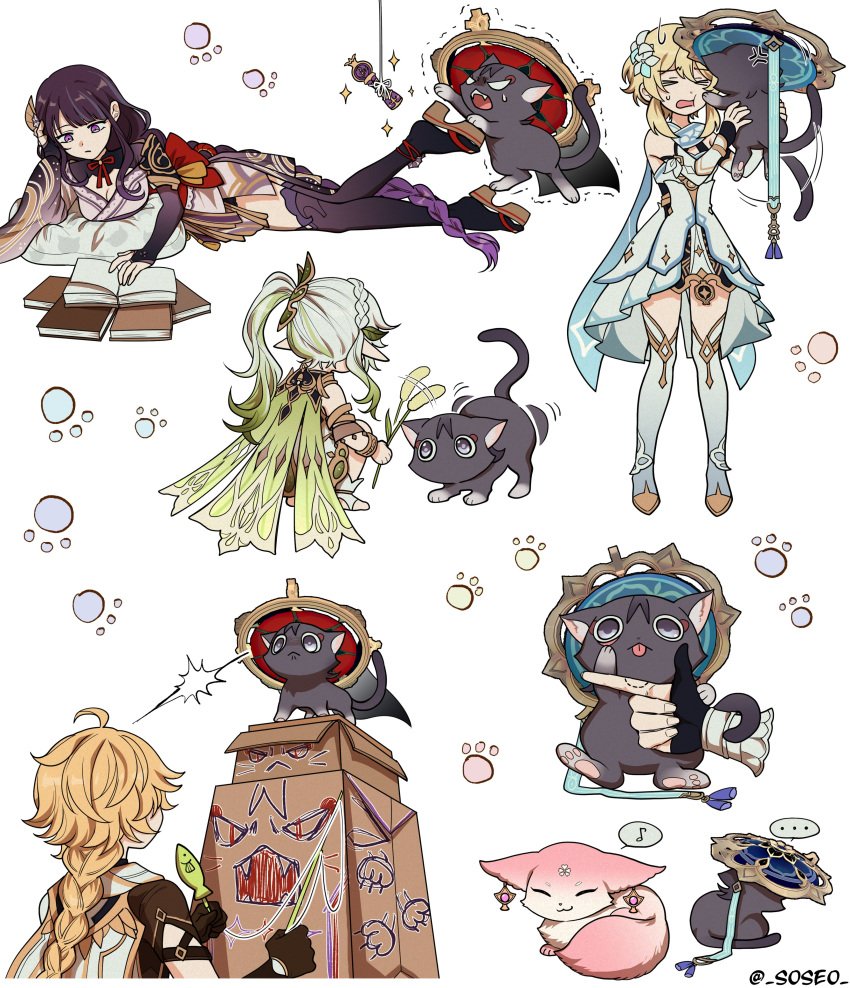 ... 1boy 3girls :3 :p absurdres aether_(genshin_impact) afterimage ahoge akanbe angry armor artist_name belt bite_mark black_gloves black_thighhighs blonde_hair blue_cape blue_ribbon blunt_bangs book boots box bracelet braid braided_ponytail bridal_gauntlets cape cardboard_box cat cat_teaser closed_eyes closed_mouth commentary_request cushion dress earrings eighth_note expressionless fangs flower genshin_impact gloves gnosis_(genshin_impact) gradient_hair green_cape green_hair hair_flower hair_ornament hand_up hat head_rest highres japanese_clothes jewelry jingasa kimono korean_commentary leaf_hair_ornament long_hair lumine_(genshin_impact) lying motion_lines multicolored_hair multiple_girls multiple_views musical_note nahida_(genshin_impact) off_shoulder on_side open_book open_mouth parted_bangs partially_fingerless_gloves paw_print paw_print_background pawpads pillosopi pointy_ears purple_eyes purple_hair purple_kimono raiden_shogun reading ribbon sandals scaramouche_(cat)_(genshin_impact) scaramouche_(genshin_impact) short_hair shoulder_armor side_ponytail sidelocks simple_background single_braid sleeveless sleeveless_dress smile sparkle speech_bubble spoken_ellipsis spoken_musical_note squatting standing sweatdrop tassel teeth thigh_belt thigh_strap thighhighs tongue tongue_out trembling twitter_username very_long_hair wanderer_(genshin_impact) white_background white_dress white_flower white_footwear white_hair yae_miko yae_miko_(fox)