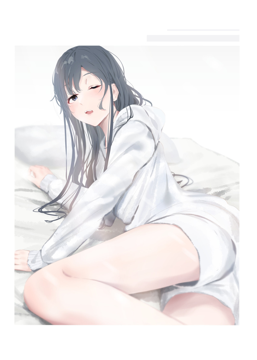 1girl absurdres bed_sheet black_hair blue_eyes hayase_illusut highres long_hair long_sleeves looking_at_viewer lying messy_hair on_side one_eye_closed open_mouth pajamas pillow shorts solo thighs white_pajamas white_shorts yahari_ore_no_seishun_lovecome_wa_machigatteiru. yukinoshita_yukino