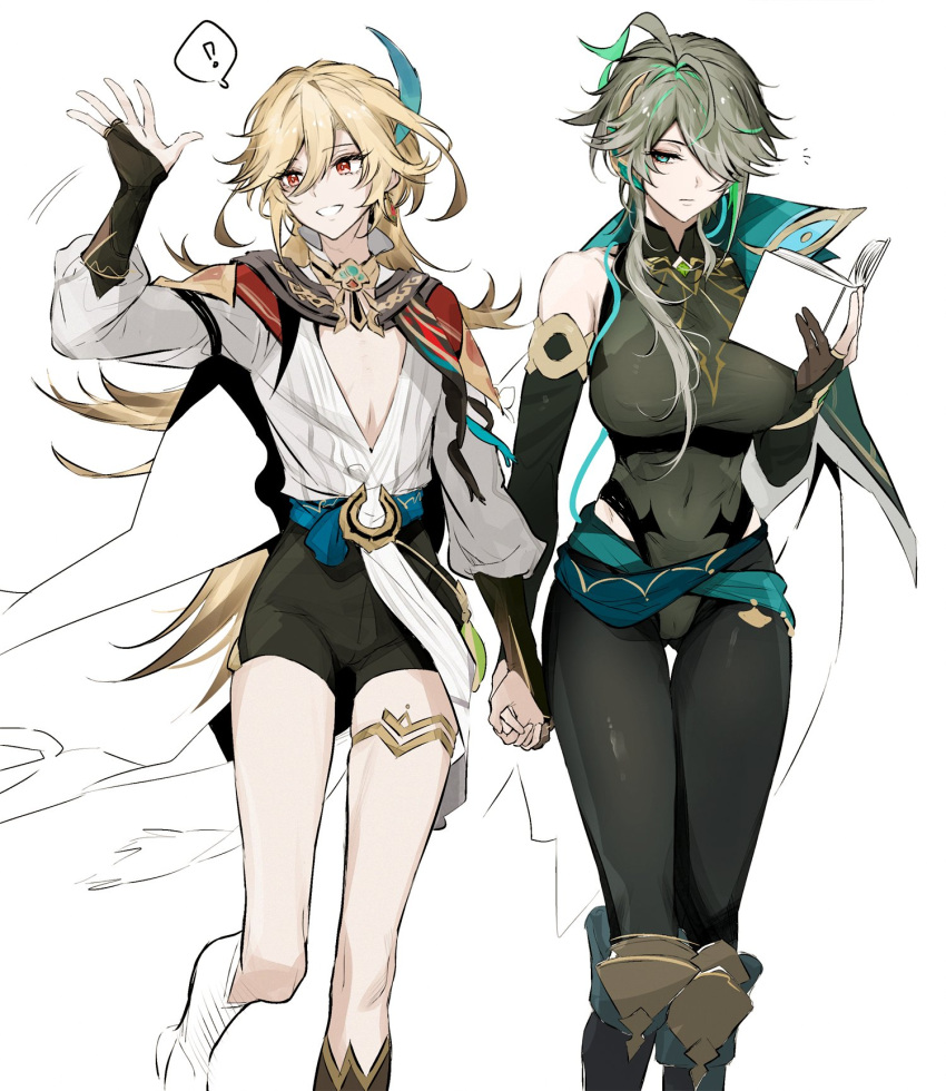 ! 2girls alhaitham_(genshin_impact) black_leotard black_pantyhose black_shorts blonde_hair blue_eyes book boots breasts detached_sleeves feather_hair_ornament feathers genderswap genderswap_(mtf) genshin_impact gloves godwkgodwk green_hair grey_hair hair_between_eyes hair_ornament hair_over_one_eye highres holding_hands kaveh_(genshin_impact) large_breasts leotard long_hair multicolored_hair multiple_girls pantyhose partially_fingerless_gloves red_eyes shorts simple_background spoken_exclamation_mark thigh_strap waving white_background