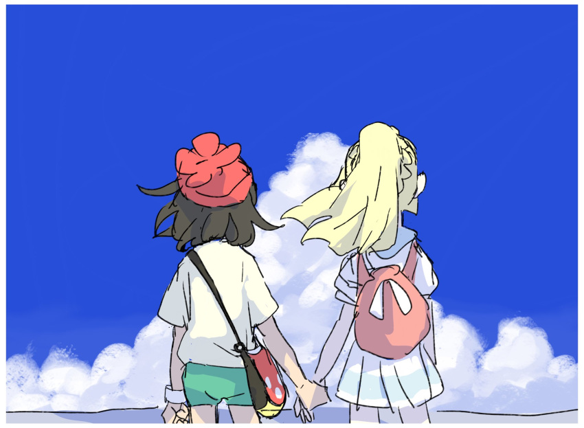 2girls backpack bag beanie black_hair blonde_hair cloud cloudy_sky facing_away green_shorts hat highres holding_hands lillie_(pokemon) long_hair multiple_girls pink_bag pleated_skirt pokemon pokemon_(game) pokemon_sm ponytail red_bag red_headwear selene_(pokemon) shirt short_hair shorts shoulder_bag skirt sky white_shirt white_skirt white_wristband yellow_shirt yusho_(ossm03)