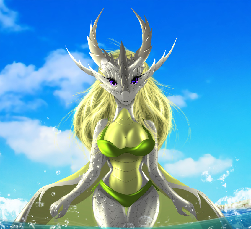 2023 anthro azaries_amnera blonde_hair breasts clothing day detailed_background digital_media_(artwork) dragon eyelashes female fingers front_view grey_body grey_scales hair heralds_of_the_avirentes hi_res horn long_hair looking_at_viewer membrane_(anatomy) membranous_wings outside purple_eyes scales scalie sky smile solo standing swimwear telleryspyro water western_dragon wings