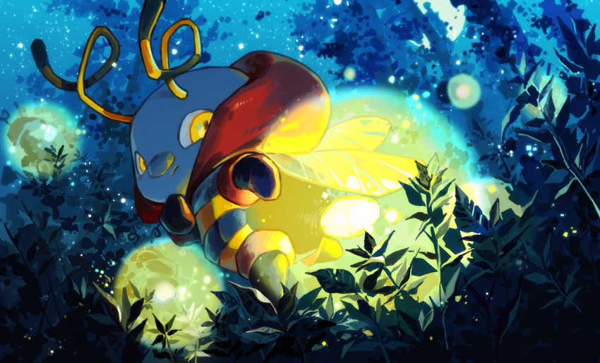 amehatobook closed_mouth commentary_request from_below glowing glowing_tail highres looking_down night no_humans outdoors pokemon pokemon_(creature) sky solo volbeat yellow_eyes