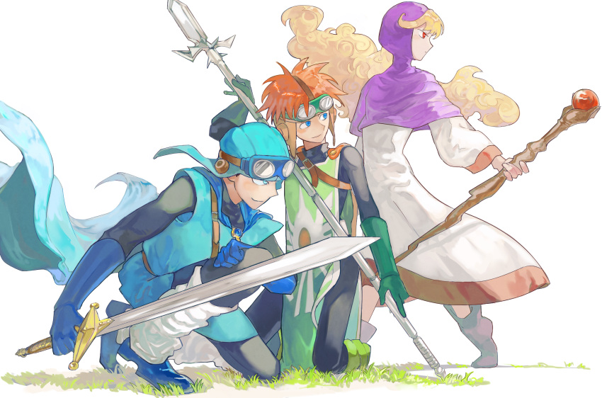 1girl 2boys blonde_hair blue_cape blue_eyes blue_footwear blue_gloves blue_headwear blue_tunic brown_hair cape closed_mouth curly_hair dragon_quest dragon_quest_ii full_body gloves goggles goggles_on_head goggles_on_headwear green_footwear green_gloves green_tabard highres holding holding_polearm holding_staff holding_sword holding_weapon kneeling long_hair mari-mason multiple_boys polearm prince_of_lorasia prince_of_samantoria princess_of_moonbrook purple_hood red_eyes robe short_hair smile squatting staff standing sword tabard weapon white_robe