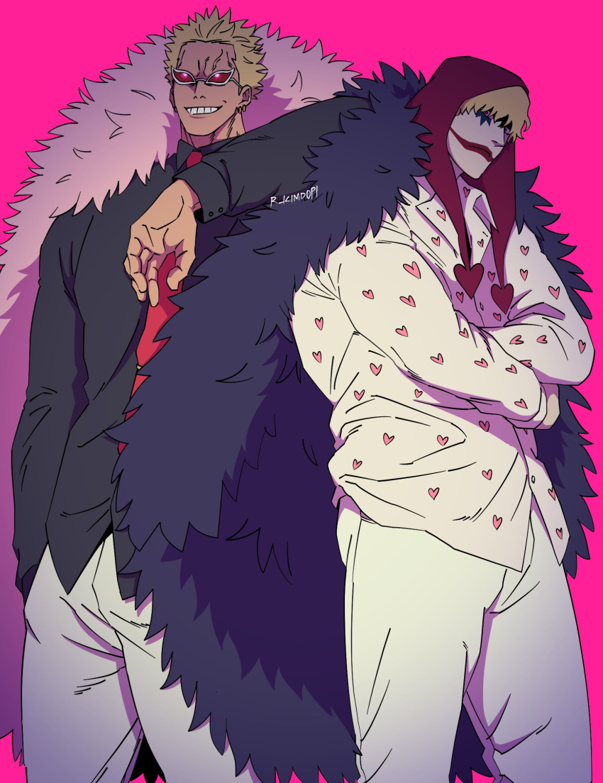 2boys annoyed bad_id bad_twitter_id balnom blonde_hair coat crossed_arms donquixote_doflamingo donquixote_rocinante earrings feather_coat feet_out_of_frame fur_coat grin heart heart_print highres jewelry makeup male_focus multiple_boys one_piece pink_background pink_coat red_hood red_lips short_hair smile standing sunglasses tinted_eyewear veiny_face white-framed_eyewear