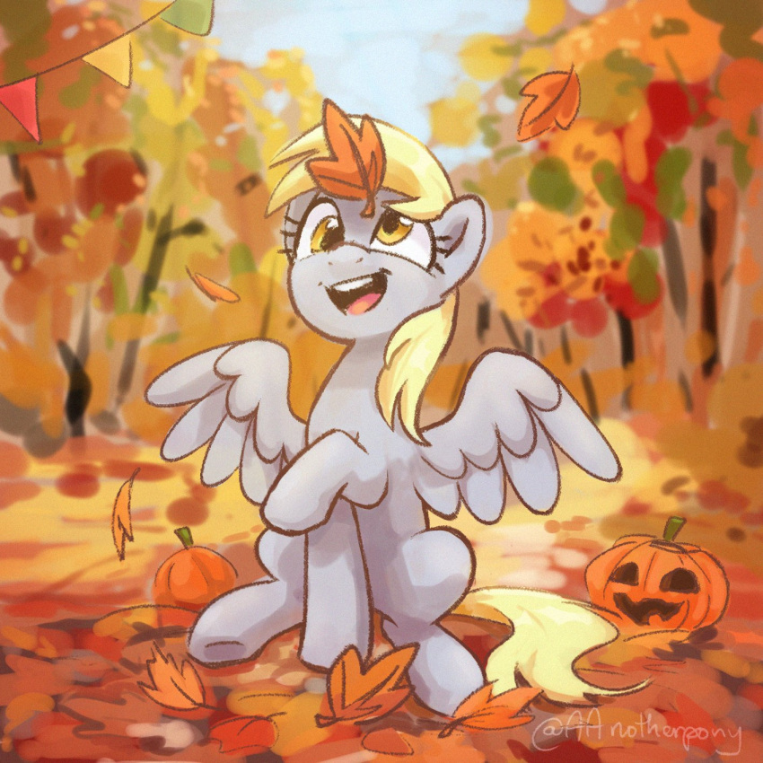 1:1 aanotherpony autumn blonde_hair blonde_mane derp_eyes derpy_hooves_(mlp) digital_media_(artwork) equid equine eyelashes feathered_wings feathers female feral food friendship_is_magic fruit fur grey_body grey_feathers grey_fur hair hasbro hi_res jack-o'-lantern leaf looking_up mammal mane my_little_pony outside pegasus plant pumpkin signature smile tail teeth tongue tree wings yellow_eyes yellow_tail