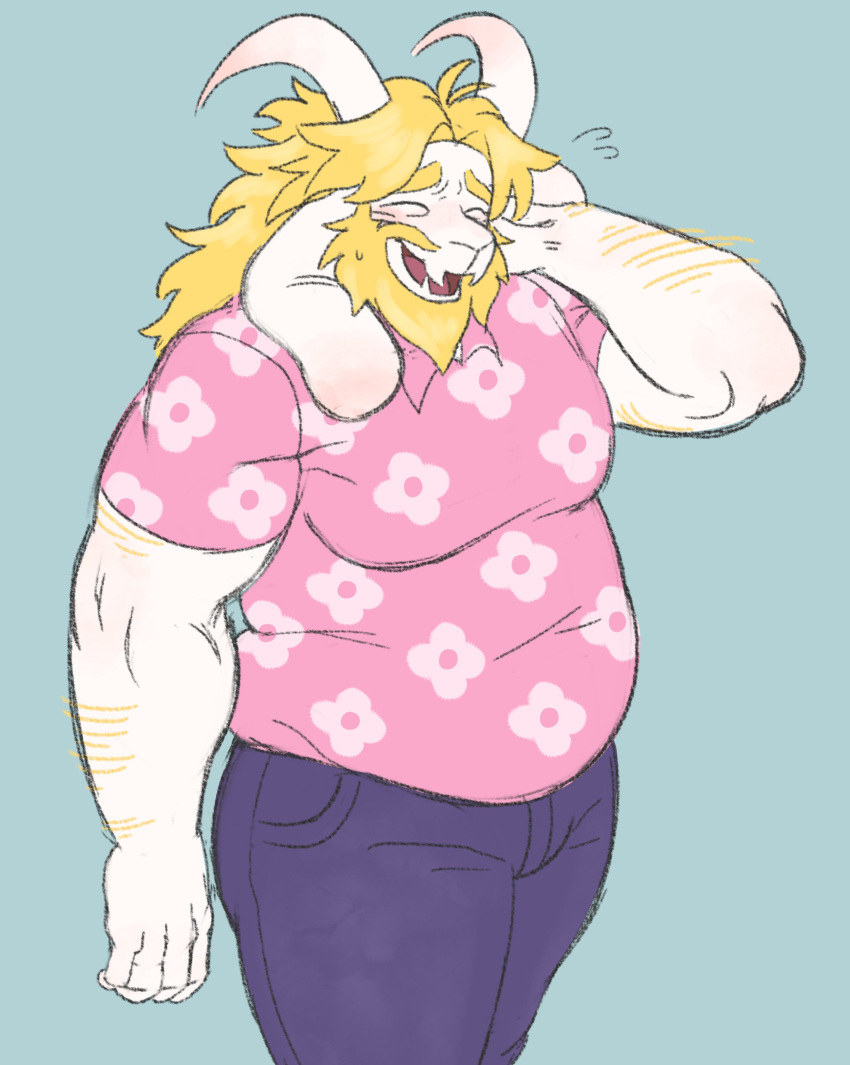 2_horns absurd_res alnoodle anthro asgore_dreemurr beard belly_overhang belly_rolls blonde_hair blush bottomwear bovid caprine clothed clothing deltarune denim denim_clothing eyes_closed facial_hair fat_rolls fully_clothed fur goat hair hand_behind_head hi_res horn jeans long_ears male mammal mature_anthro mature_male moobs open_mouth overweight overweight_anthro overweight_male pants portrait shirt snout solo three-quarter_portrait three-quarter_view tongue topwear undertale_(series) white_body white_fur