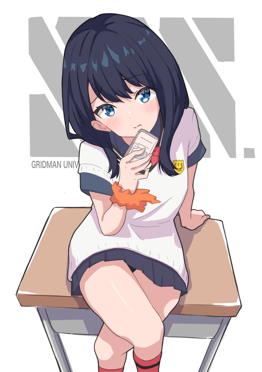 1girl black_hair blue_eyes blush bow bowtie cellphone closed_mouth crossed_legs desk feet_out_of_frame from_above gridman_universe highres holding holding_phone long_hair looking_at_viewer miniskirt on_desk phone scrunchie sitting sitting_on_desk skirt solo ssss.gridman sweater_vest taachika takarada_rikka thighs wrist_scrunchie