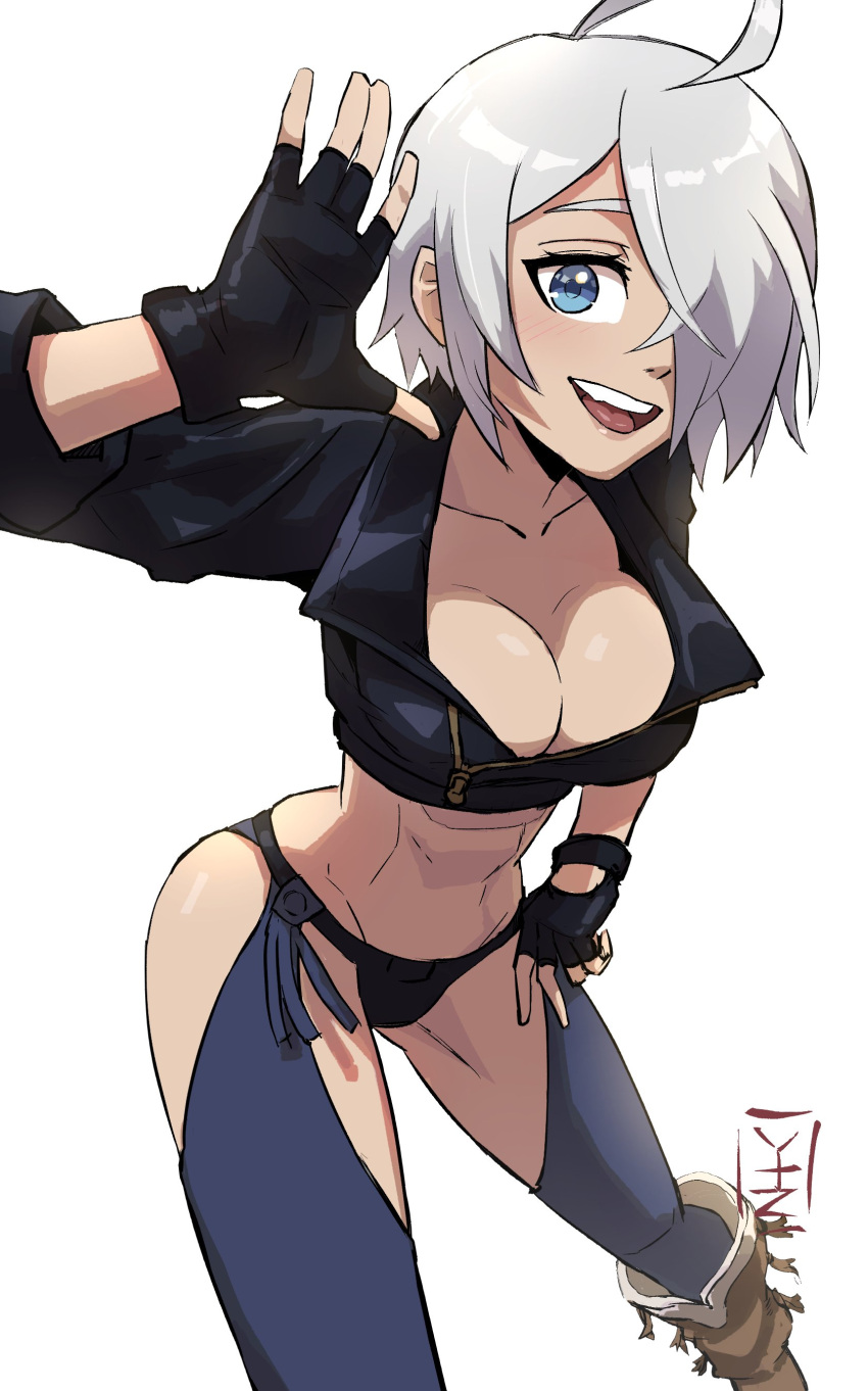 1girl absurdres angel_(kof) backless_pants blue_eyes boots bra breasts chaps cleavage cowboy_boots crop_top cropped_jacket fingerless_gloves foreshortening full_body gloves hair_over_one_eye highres jacket large_breasts leather leather_jacket looking_at_viewer midriff navel open_mouth panties pants short_hair smile snk solo strapless strapless_bra the_king_of_fighters the_king_of_fighters_xiv toned underwear white_hair yakutzan