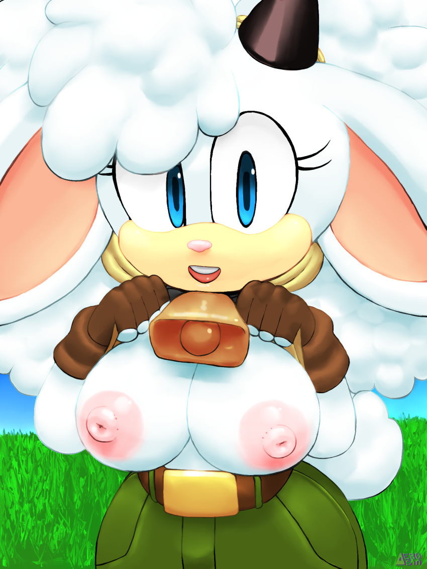 aerosin anthro areola bell belt big_breasts blue_eyes bovid breasts caprine clothing exposed_breasts female fluffy fluffy_hair fur gloves grass hair handwear hi_res horn huge_breasts idw_publishing lanolin_the_sheep_(sonic) long_hair mammal nipples open_mouth plant sega sheep sky solo sonic_the_hedgehog_(comics) sonic_the_hedgehog_(idw) sonic_the_hedgehog_(series) white_body white_breasts white_fur white_hair