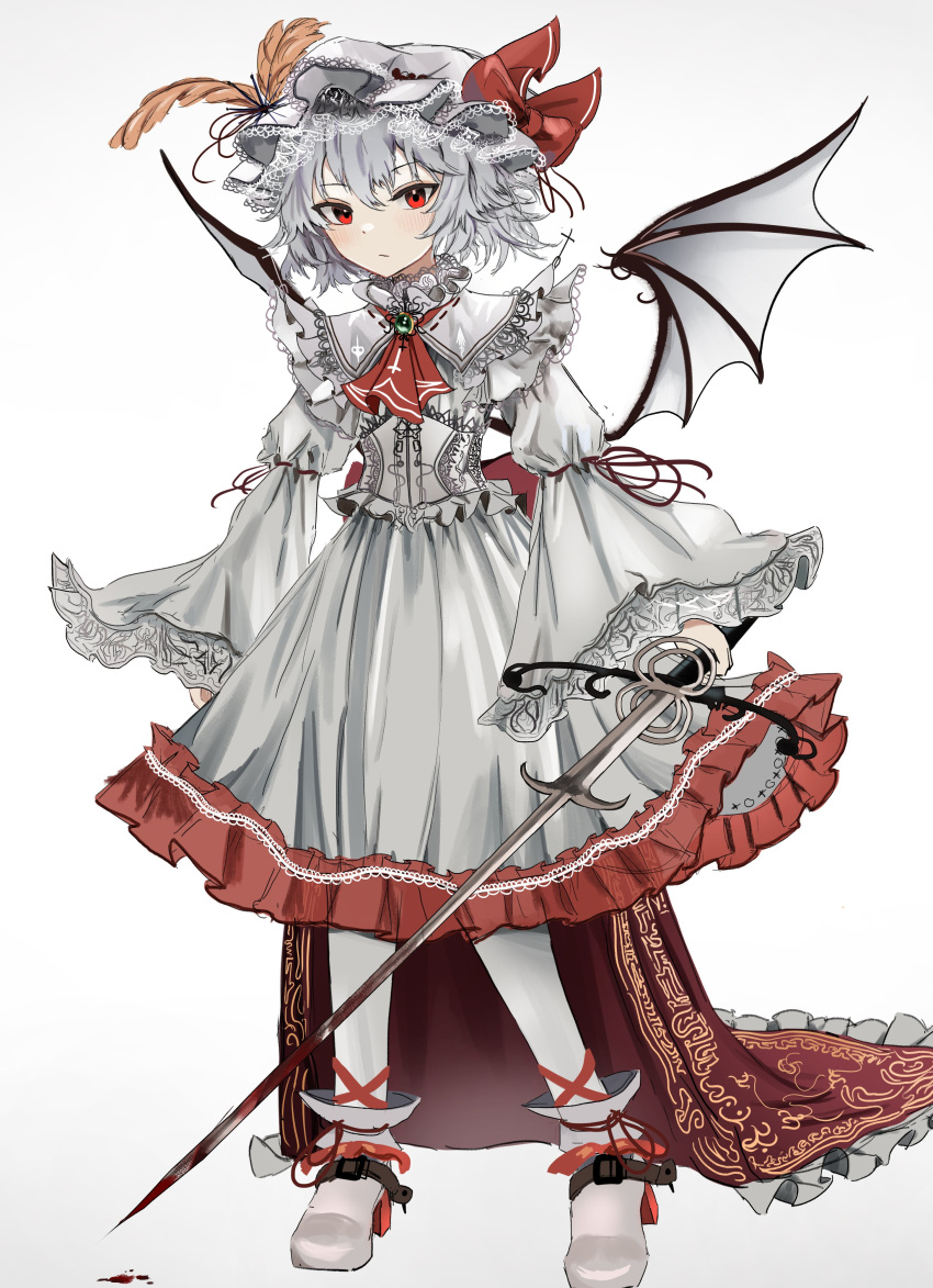 1girl absurdres blood blood_drip blood_on_weapon bow cape expressionless highres holding holding_sword holding_weapon long_sleeves ougiikun red_bow red_cape red_eyes remilia_scarlet shirt short_hair skirt solo sword touhou weapon white_background white_hair white_headwear white_shirt white_skirt