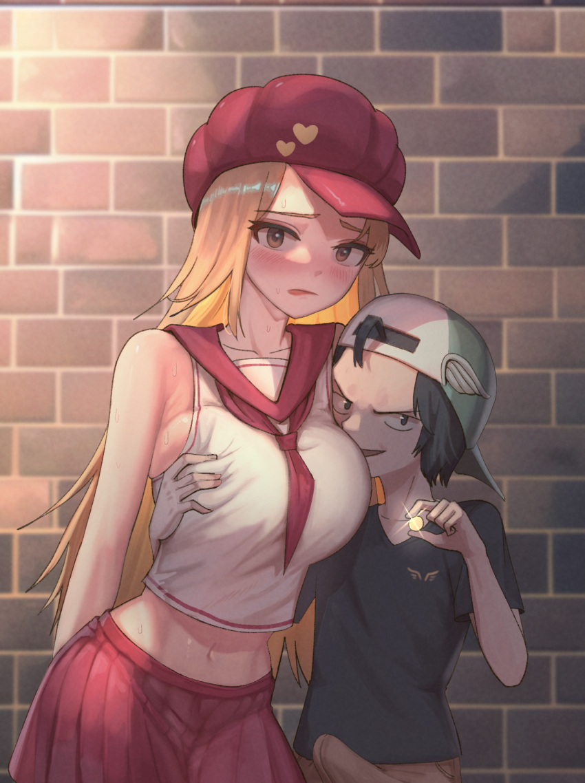 1boy 1girl age_difference armpit_crease backwards_hat bare_shoulders baseball_cap black_eyes black_hair black_shirt blonde_hair blush breast_grab breasts brick_wall brown_eyes cabbie_hat closed_mouth coin collarbone crop_top erection frown glint grabbing hat heart heart_print highres holding holding_coin icarus_(maplestory) korean_commentary large_breasts lips long_hair maplestory miniskirt navel necktie onee-shota open_mouth orangewink pleated_skirt red_headwear red_lips red_necktie red_skirt school_uniform serafuku shirt short_hair short_sleeves shumi_(maplestory) sideboob skirt sleeveless sleeveless_shirt smile standing sweat white_shirt winged_hat