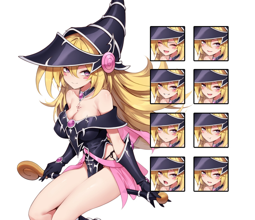 1girl bare_shoulders blonde_hair blush_stickers breasts capelet cleavage closed_mouth collar collarbone commentary_request detached_collar dress duel_monster elbow_gloves expression_chart gloves grin hat high_heels highres large_breasts laughing long_hair looking_at_viewer magi_magi_magician_gal momihige open_mouth pelvic_curtain pentacle pink_capelet pout purple_eyes second-party_source shiny_skin short_dress simple_background smile tattoo thighs wand white_background wizard_hat yu-gi-oh!