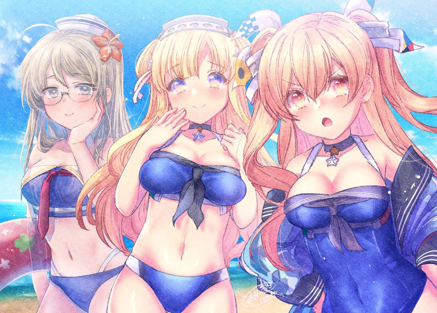 3girls ahoge artist_name ass_visible_through_thighs beach bikini black_choker blonde_hair blue_bikini blue_eyes blue_jacket blue_one-piece_swimsuit blush breasts brown_eyes choker cleavage closed_mouth collarbone commentary_request commission cosplay covered_navel day double_bun fletcher_(kancolle) fletcher_mk_ii_(kancolle) flower glasses grey_eyes grey_hair hair_between_eyes hair_bun hair_flower hair_ornament hairband hat heywood_l._edwards_(kancolle) innertube ittokyu jacket johnston_(kancolle) johnston_(kancolle)_(cosplay) kantai_collection large_breasts light_brown_hair long_hair long_sleeves looking_at_viewer multiple_girls navel ocean one-piece_swimsuit open_clothes open_jacket open_mouth red_flower signature skeb_commission smile star_(symbol) star_hair_ornament swimsuit two_side_up white_headwear