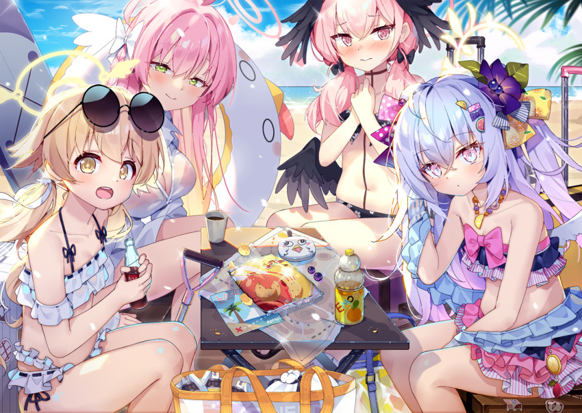 4girls ahoge azusa_(blue_archive) azusa_(swimsuit)_(blue_archive) bare_shoulders beach bead_necklace beads bikini black_bikini black_wings blue_archive blush bottle bow breasts cleavage feathered_wings floral_print flower food-themed_hair_ornament frilled_bikini frills gradient_hair green_eyes hair_between_eyes hair_flower hair_ornament halo hanako_(blue_archive) hanako_(swimsuit)_(blue_archive) head_wings hifumi_(blue_archive) hifumi_(swimsuit)_(blue_archive) holding holding_bottle jewelry koharu_(blue_archive) koharu_(swimsuit)_(blue_archive) large_breasts lime_hair_ornament long_hair looking_at_viewer low_twintails low_wings make-up_work_club_(blue_archive) multicolored_bikini multicolored_clothes multicolored_hair multiple_girls navel necklace official_alternate_costume open_mouth orange_hair_ornament outdoors oversized_clothes oversized_shirt pink_eyes pink_hair pink_halo print_bikini ribbon-trimmed_swimsuit ribbon_trim see-through see-through_shirt shiny_eyes shirt sitting small_breasts smile soda_bottle strapless strapless_bikini striped striped_bikini swimsuit table taku_michi twintails vertical-striped_bikini vertical_stripes very_long_hair watermelon_hair_ornament wet wet_clothes wet_shirt white_bikini white_shirt white_wings wings yellow_eyes yellow_halo