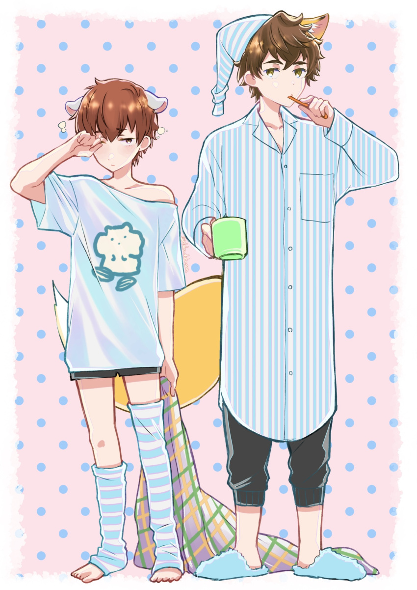 2boys animal_ears blanket blue_headwear blue_shirt blush brown_eyes brown_hair cup doko_dokosan fox_ears fox_tail hat highres holding holding_cup holding_toothbrush long_sleeves loose_socks mug multiple_boys pajamas pink_background plaid_blanket pocket polka_dot polka_dot_background rubbing_eyes ryman's_club saeki_touya shirt slippers socks standing striped striped_headwear striped_socks tail takeda_kouki toothbrush