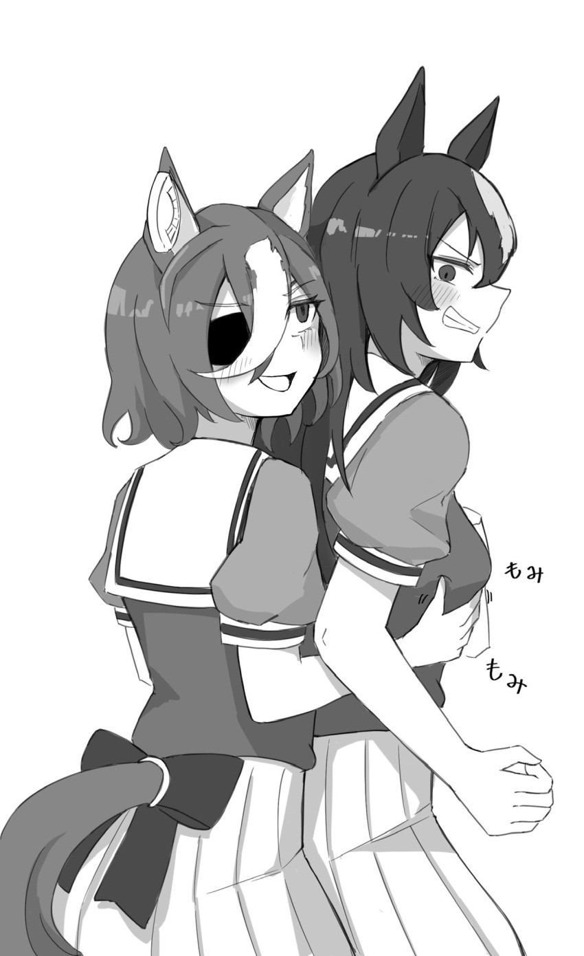 2girls animal_ears annoyed back_bow bow clenched_teeth commentary_request ear_ornament eyepatch grabbing grabbing_another's_breast grabbing_from_behind greyscale grimace highres horse_ears horse_girl horse_tail long_hair miya_nns35 monochrome multiple_girls pleated_skirt puffy_short_sleeves puffy_sleeves sailor_collar school_uniform shirt short_sleeves simple_background sirius_symboli_(umamusume) skirt tail tail_through_clothes tanino_gimlet_(umamusume) teeth thighhighs tracen_school_uniform umamusume very_long_hair white_background