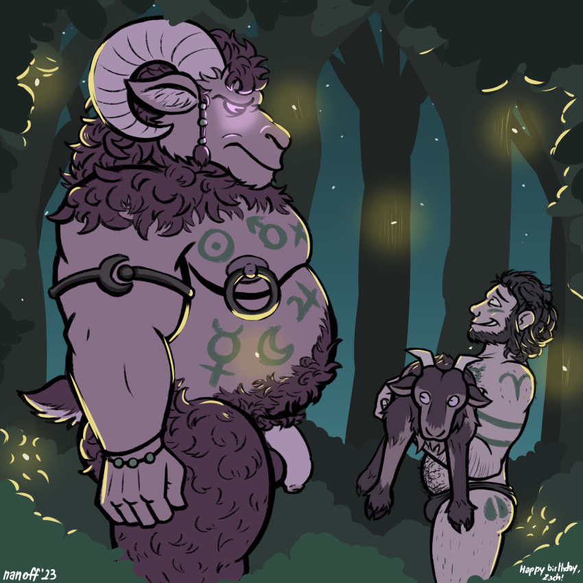 anthro bodypaint bovid caprine clothed clothing duo faun feral foreskin forest genitals glowing glowing_eyes goat hi_res holding_animal human male male/male mammal nanoff night nipple_piercing nipples nude penis piercing plant ritual side_view size_difference tree underwear underwear_only