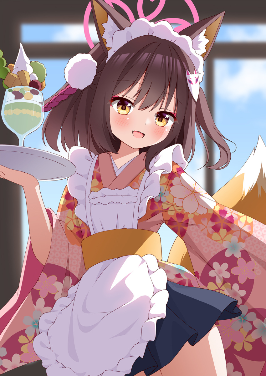 1girl alternate_costume animal_ear_fluff animal_ears apron azel_(laevateinn495) black_skirt blue_archive blurry blurry_background blush brown_hair cowboy_shot enmaided fang floral_print food fox_ears fox_tail frilled_apron frills hair_between_eyes halo highres holding holding_tray izuna_(blue_archive) japanese_clothes kimono long_sleeves looking_at_viewer maid maid_headdress open_mouth parfait pink_halo pink_kimono pleated_skirt print_kimono short_hair skin_fang skirt smile solo tail tray wa_maid white_apron wide_sleeves yellow_eyes