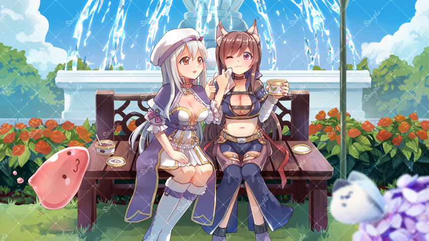 2girls :3 abyss_chaser_(ragnarok_online) animal_ears arch_mage_(ragnarok_online) bench blue_sky blush breasts brown_choker bush capelet cat_ears choker cleavage closed_mouth cloud commentary_request crop_top day dress flower food fountain full_body gold_trim grass grey_hair grey_pants grey_shirt highres ice_cream long_hair looking_at_another medium_breasts midriff multiple_girls navel one_eye_closed open_clothes open_mouth open_shirt outdoors pants pink_eyes poring puffy_short_sleeves puffy_sleeves purple_capelet purple_dress ragnarok_online red_eyes red_flower red_rose rose sample_watermark shirt short_sleeves sitting sky slime_(creature) two-tone_dress vixiq white_dress white_headwear wiping_face