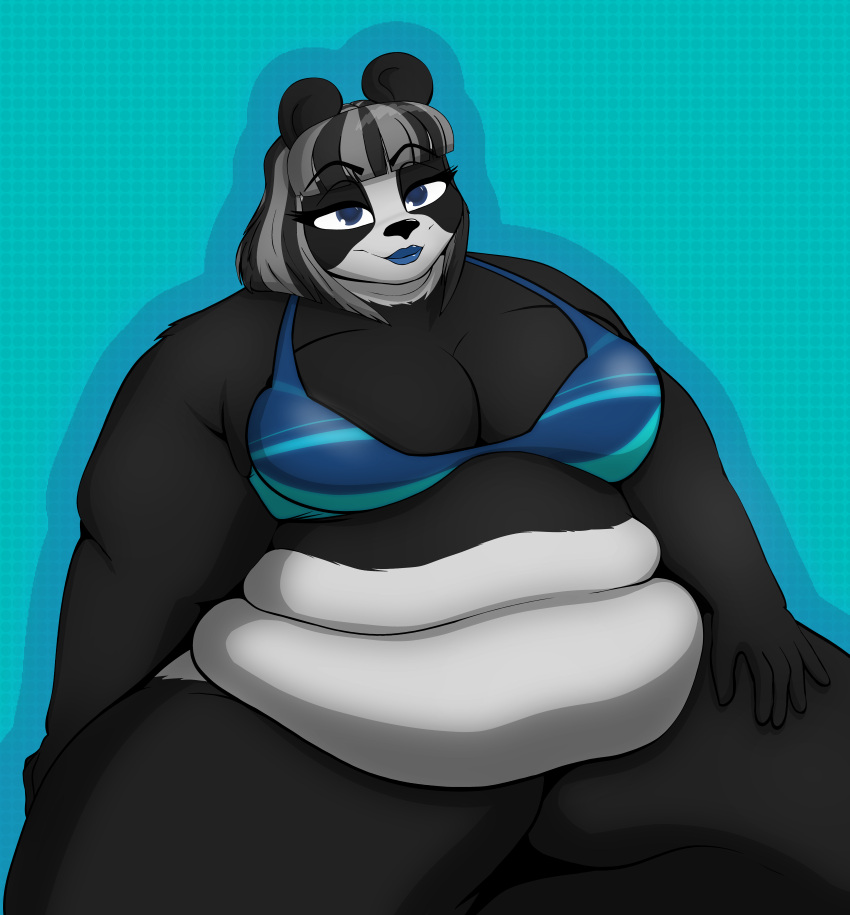 absurd_res anthro bear bedroom_eyes belly_overhang bikini bikini_top clothing female giant_panda hi_res lipstick makeup mammal morbidly_obese morbidly_obese_female narrowed_eyes nicole_alana obese obese_female overweight overweight_female puhba seductive solo swimwear