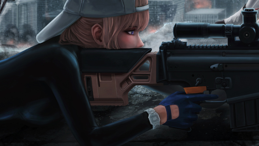 2girls assault_rifle baseball_cap black_bodysuit black_shirt blonde_hair blue_eyes blue_gloves blunt_bangs bodysuit breasts building city cityscape close-up closed_mouth commentary dindsau english_commentary fire fn_scar girls'_frontline gloves gun hat highres holding holding_gun holding_weapon indoors long_hair long_sleeves looking_away lying medium_breasts multiple_girls on_stomach rifle rooftop ruins scar-h_(girls'_frontline) scar-l_(girls'_frontline) scope shirt sidelocks skyscraper solo_focus strap tactical_clothes trigger_discipline war watch weapon white_headwear