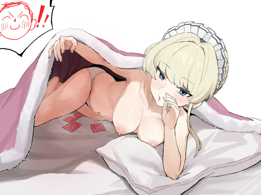 ! !! 1girl arona's_sensei_doodle_(blue_archive) bed_invitation blanket blonde_hair blue_archive blue_eyes breasts condom condom_wrapper highres lifting_covers looking_at_viewer lying maid_headdress medium_breasts navel nipples on_side open_mouth panties pillow q_haoyu sensei_(blue_archive) toki_(blue_archive) topless underwear white_panties
