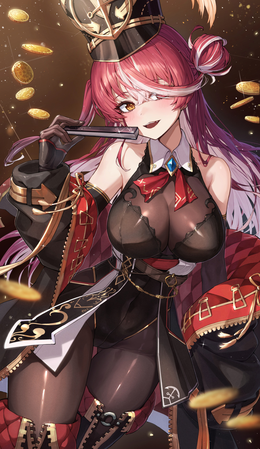 1girl absurdres ascot bare_shoulders black_leotard breasts brown_pantyhose coat coin covered_navel cowboy_shot dutch_angle folding_fan glint gloves gold_coin gold_trim hair_bun hair_over_one_eye hand_fan hat highres holding holding_fan hololive houshou_marine houshou_marine_(marching_band) kokukyukeo large_breasts leotard long_hair looking_at_viewer multicolored_hair off_shoulder official_alternate_costume open_mouth pantyhose red_ascot red_eyes red_hair shako_cap single_side_bun solo streaked_hair thigh_gap two-tone_hair very_long_hair virtual_youtuber white_hair wing_collar yellow_eyes