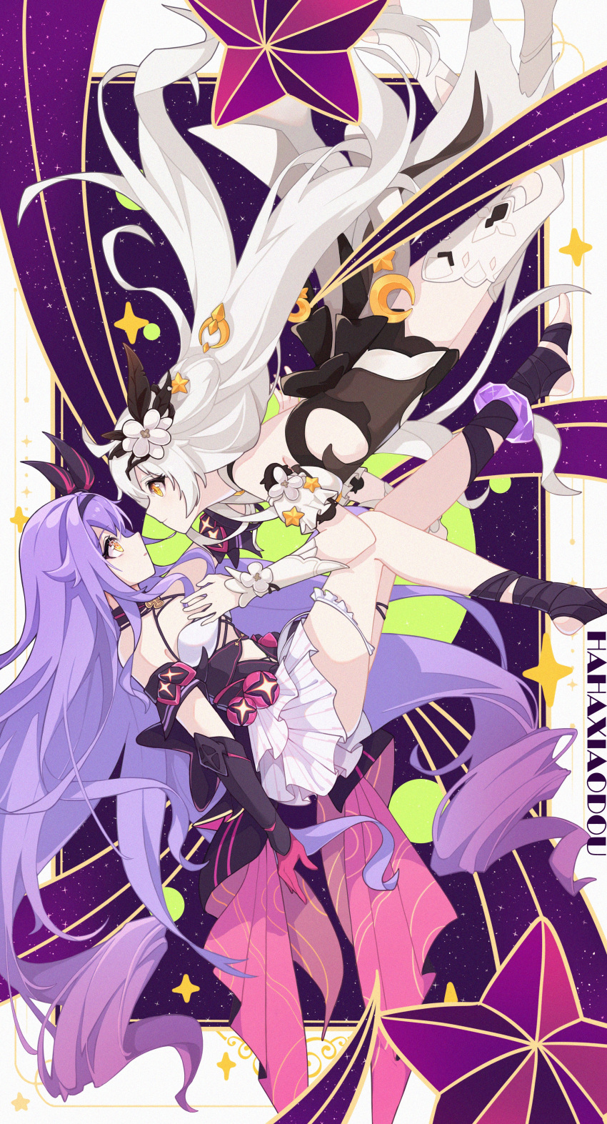 2girls absurdres antenna_hair artist_name bare_shoulders barefoot black_footwear black_gloves boots breasts chinese_commentary closed_mouth crescent_moon dress dual_persona elbow_gloves english_text eye_contact floating flower full_body gloves hahaxiaodou hair_between_eyes hair_flower hair_ornament highres holding_hands honkai_(series) honkai_impact_3rd horns kiana_kaslana kiana_kaslana_(herrscher_of_the_void) long_hair looking_at_another moon multiple_girls purple_hair sirin sirin_(miracle_magical_girl) sleeveless sleeveless_dress smile star_(symbol) thigh_boots thighhighs very_long_hair white_dress white_flower white_gloves white_hair yellow_eyes yuri