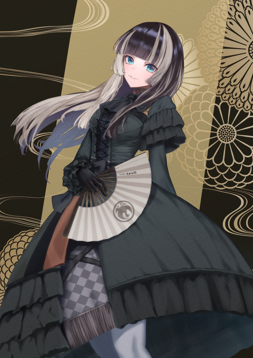 1girl absurdres asa_heizo black_choker black_dress black_gloves black_hair blue_eyes choker commentary_request dress frilled_dress frills gloves gothic_lolita grey_hair hand_fan highres holding holding_fan hololive hololive_dev_is juufuutei_raden lace-trimmed_choker lace_trim lolita_fashion long_hair looking_at_viewer multicolored_hair paper_fan smile solo streaked_hair virtual_youtuber