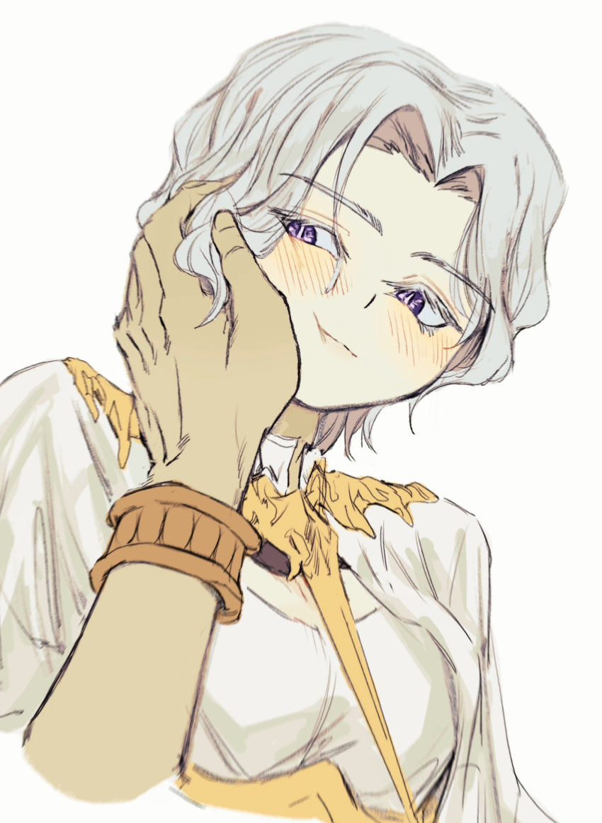 2boys blush brothers closed_mouth dark_souls_(series) dark_souls_i dark_souls_iii dark_sun_gwyndolin gold_necklace grey_hair hand_on_another's_cheek hand_on_another's_face highres jewelry multiple_boys nameless_king necklace otoko_no_ko parted_bangs purple_eyes short_hair siblings simple_background smile solo_focus upper_body white_background zunkome