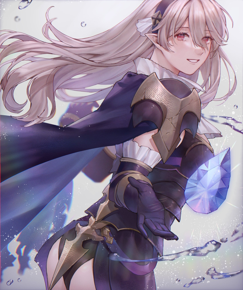 1girl ai_tkkm armor armored_leotard ascot ass black_cape black_gloves black_hairband black_leotard breastplate cape corrin_(female)_(fire_emblem) corrin_(fire_emblem) dragonstone elbow_gloves fire_emblem fire_emblem_fates fire_emblem_heroes floating floating_hair floating_object gloves grey_hair grin hair_between_eyes hairband highres leotard long_hair looking_at_viewer official_alternate_costume pointy_ears red_eyes smile solo white_ascot