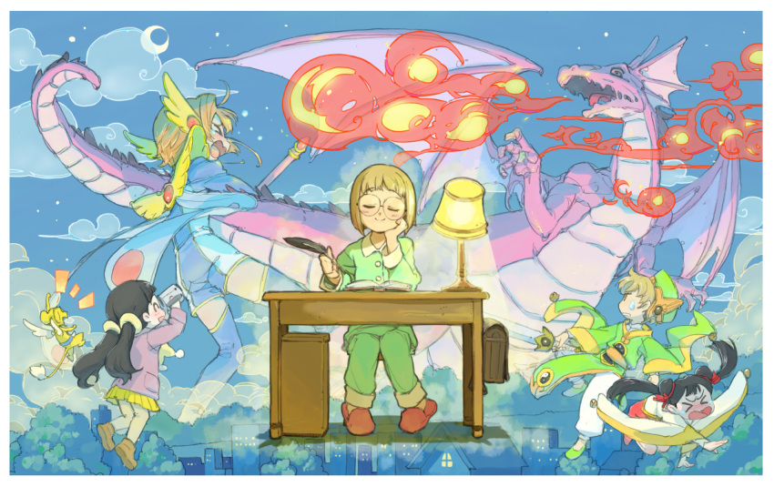 &gt;_&lt; 1boy 4girls black_hair blush book border brown_footwear brown_hair buttons camera cardcaptor_sakura city closed_eyes closed_mouth crescent_moon daidouji_tomoyo desk desk_lamp double_bun dragon fire green_pajamas hair_bun holding holding_camera holding_quill kero kinomoto_sakura lamp li_meiling li_xiaolang moon multiple_girls open_book open_mouth pajamas quill short_hair slippers smile sweatdrop twintails usikani white_border yanagisawa_naoko