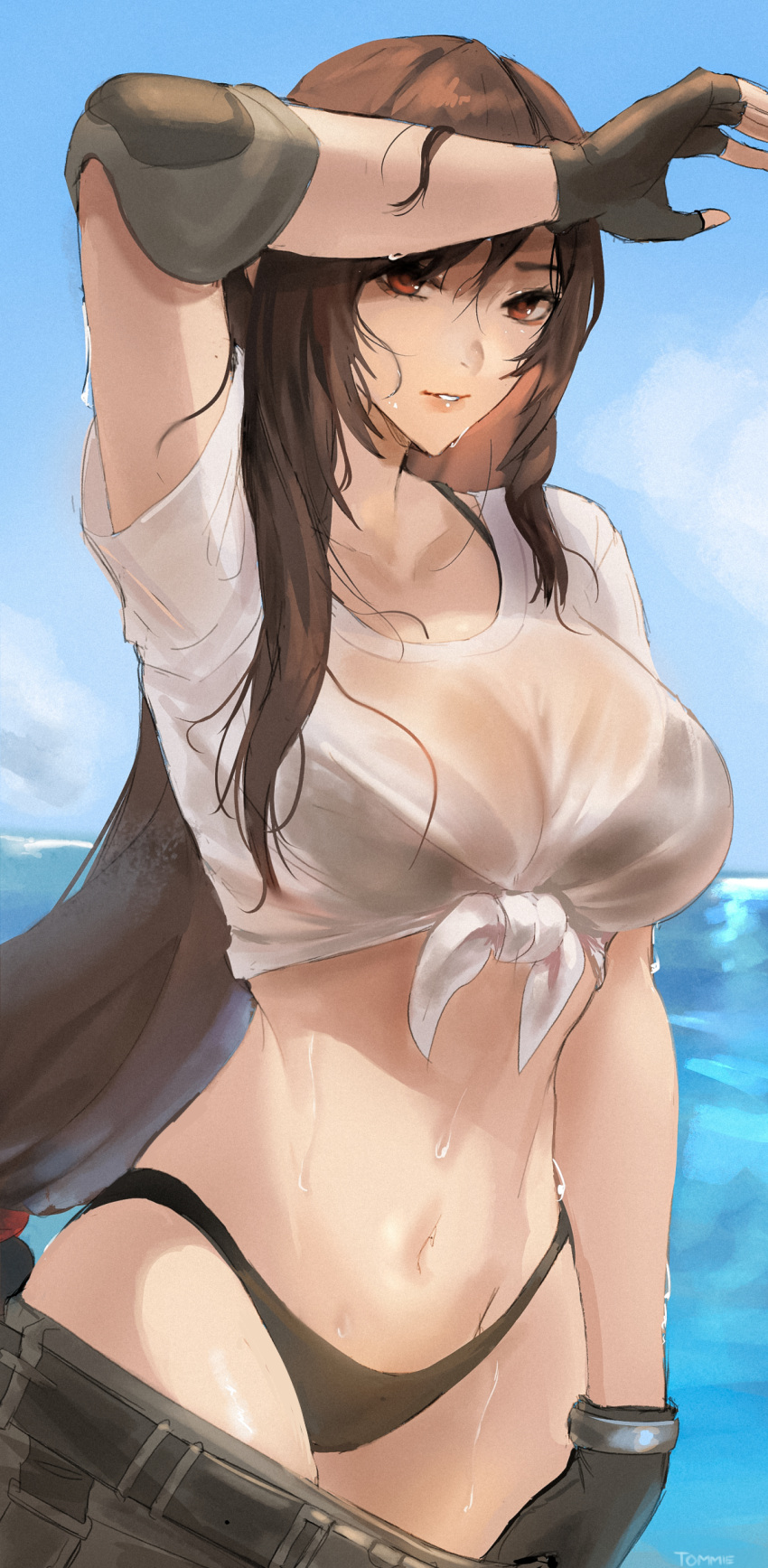 1girl absurdres arm_up bikini bikini_under_clothes black_bikini black_gloves blue_sky breasts brown_hair crop_top day elbow_pads final_fantasy final_fantasy_vii final_fantasy_vii_ever_crisis fingerless_gloves gloves highres large_breasts long_hair low-tied_long_hair navel ocean official_alternate_costume outdoors parted_lips red_eyes shirt sky solo stomach swimsuit tied_shirt tifa_lockhart tommy_(kingdukeee) very_long_hair water wet wet_clothes wet_shirt white_shirt