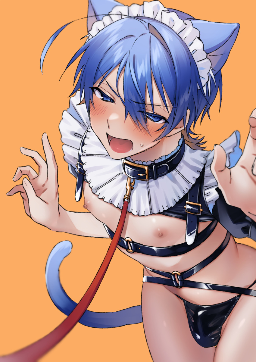 1boy absurdres animal_collar animal_ear_fluff animal_ears blue_hair blush bulge cat_ears cat_tail collar commentary_request cowboy_shot crossdressing frilled_hairband frills hair_between_eyes hairband hands_up highres leaning_forward leash looking_at_viewer maid_headdress male_focus medium_hair nipples omiyacha open_mouth orange_background original otoko_no_ko paw_pose revealing_clothes short_sleeves sidelocks solo sweatdrop tail thighs tongue white_hairband