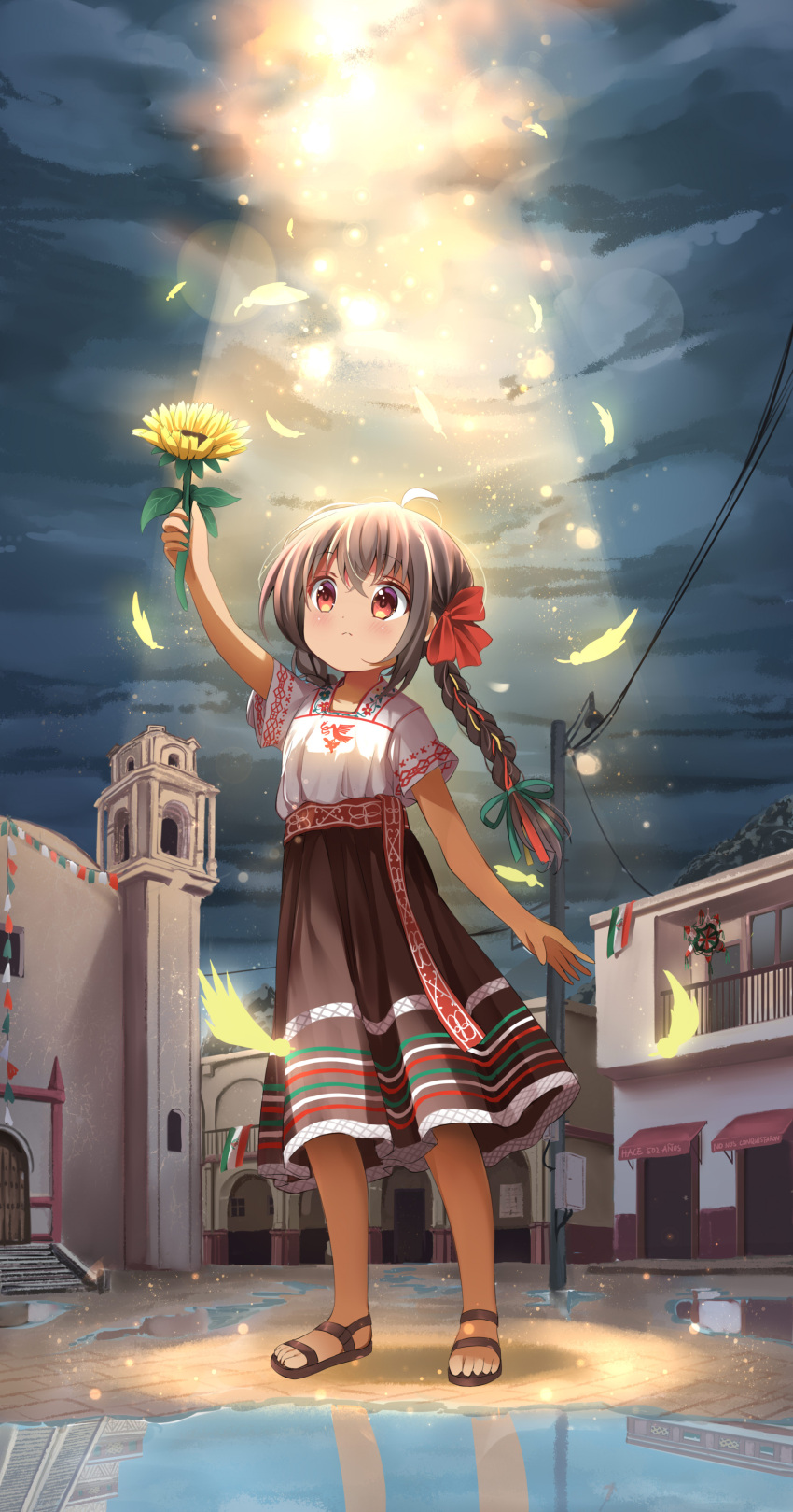 1girl absurdres ahoge arm_up aztec black_footwear black_hair blush bow braid brown_skirt building closed_mouth cloud cloudy_sky commentary_request dark-skinned_female dark_skin feathers flower hair_between_eyes hair_bow high-waist_skirt highres holding holding_flower long_hair low_twintails mexican_flag original outdoors power_lines puddle railing red_bow red_eyes reflection sandals shirt short_sleeves skirt sky solo standing stick_jitb sunflower sunlight twin_braids twintails utility_pole very_long_hair water white_shirt yellow_feathers yellow_flower