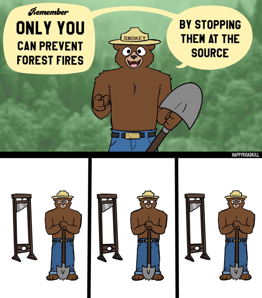 2023 anthro barefoot bear belt bottomwear clothed clothing comic denim denim_clothing dialogue english_text feet forest fur gesture guillotine happyroadkill hat headgear headwear hi_res humor jeans looking_at_viewer male mammal multiple_scenes outside pants plant pointing pointing_at_viewer political_cartoon politics shovel simple_background smokey_bear solo standing talking_to_viewer text tools topless topless_anthro topless_male tree tuft united_states_forest_service ursine white_background