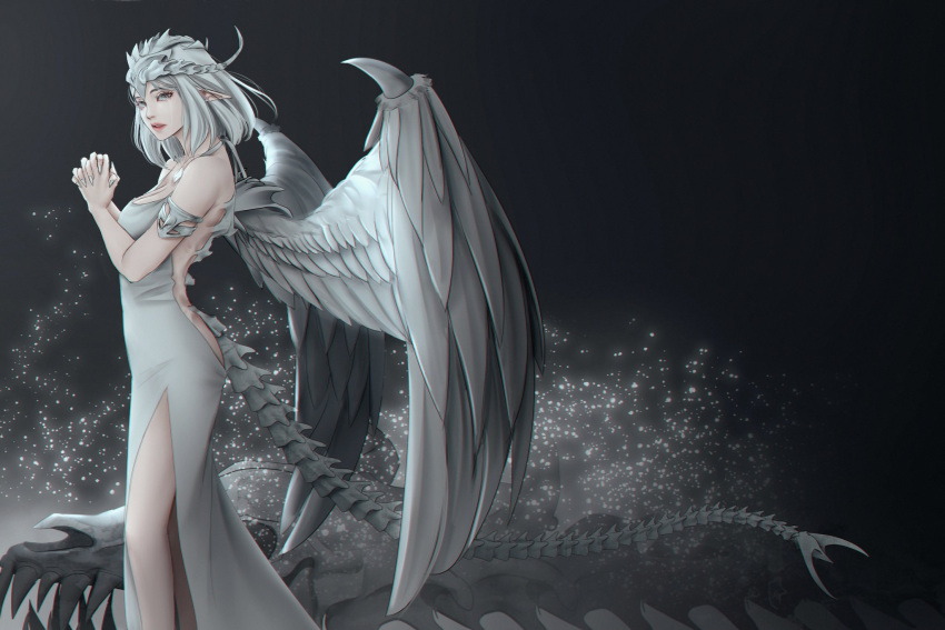 1girl armlet bare_shoulders bone bone_tail commentary crying crying_with_eyes_open dragon_girl dress english_commentary feathered_wings fingernails from_side gradient_background grey_eyes highres looking_at_viewer looking_to_the_side original own_hands_together parted_lips pointy_ears sharp_fingernails short_hair solo sunmoony tears white_dress white_hair white_nails white_wings wings