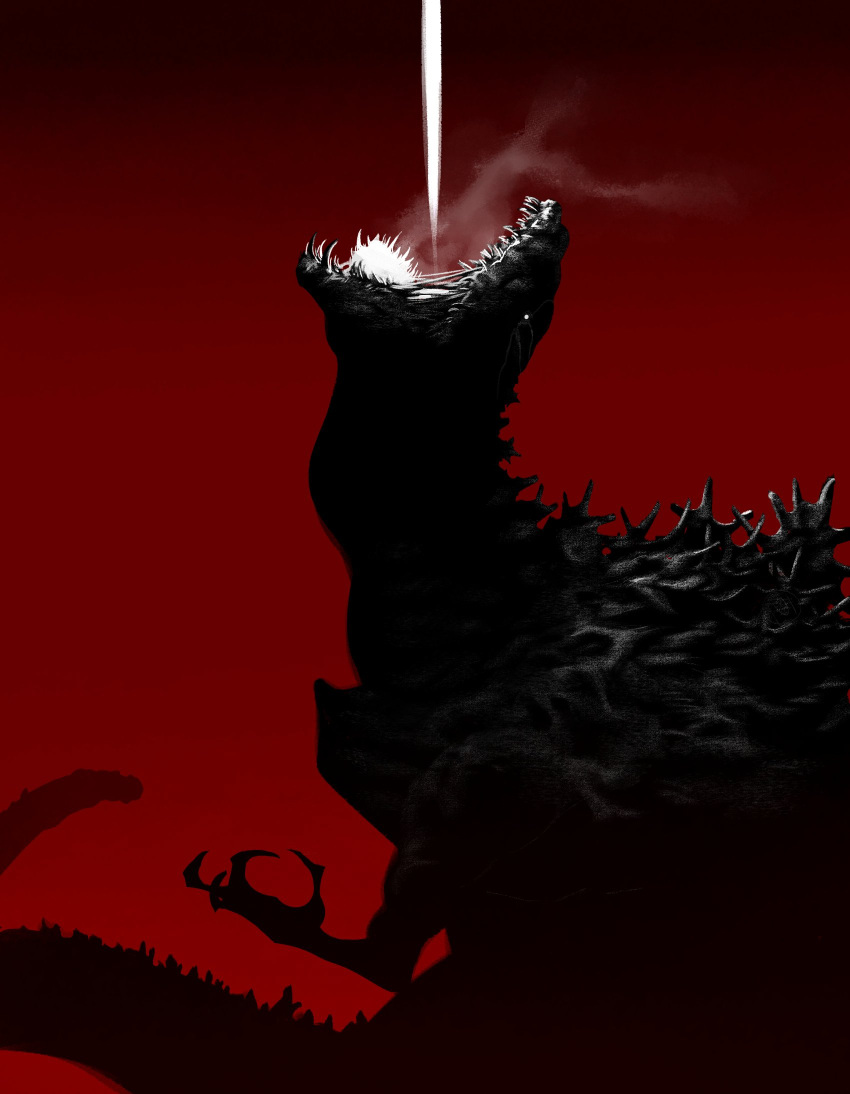 blank_eyes claws giant giant_monster godzilla godzilla_(series) gradient_background highres krekkov laser long_tail looking_up no_humans open_mouth red_background shin_godzilla smoke spikes tail