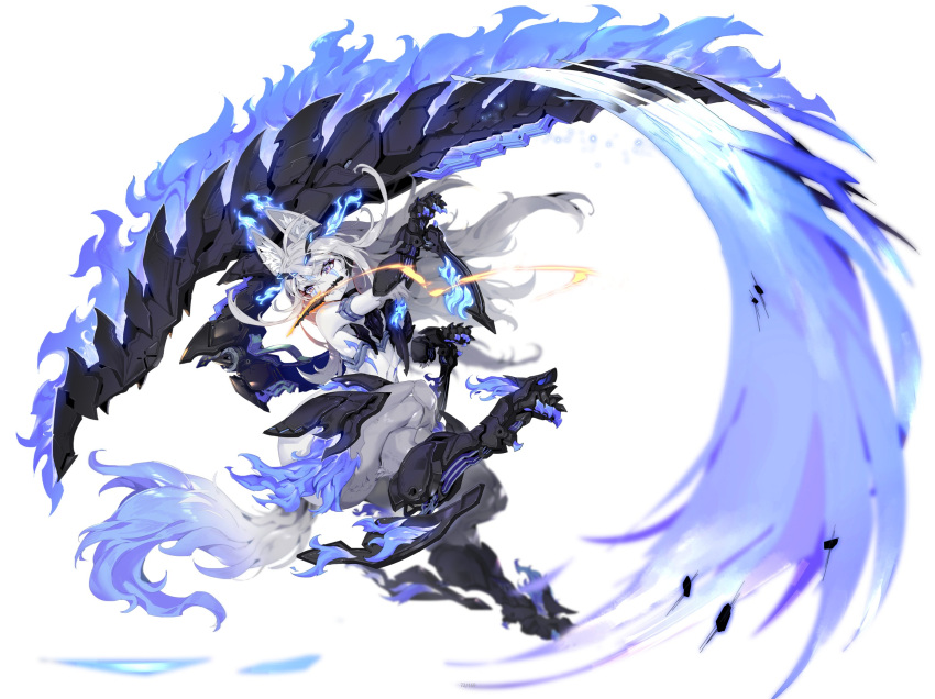 1girl animal_ear_fluff animal_ears animal_feet animal_hands arm_blade armlet armored_boots blue_fire boots colored_skin dagger digitigrade facial_mark fire full_body gauntlets highres knife long_hair navel original saliva solo tail weapon weapon_in_mouth white_background white_hair white_skin wolf_ears wolf_girl wolf_tail zhu_fun