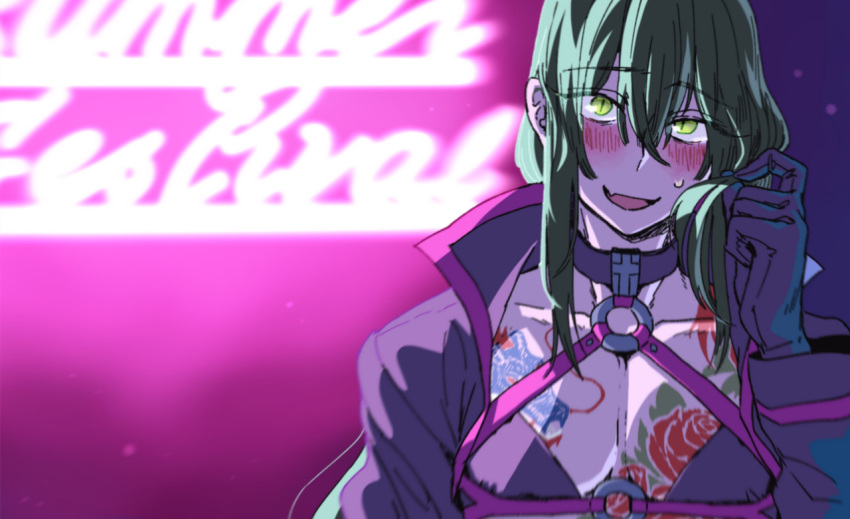 1boy black_gloves black_shirt blush chest_tattoo commentary_request dragon_tattoo fate/grand_order fate_(series) flower_tattoo gedougawa gloves green_eyes green_hair hair_between_eyes hair_twirling long_bangs long_hair looking_at_viewer male_focus neon_trim open_mouth pectorals popped_collar shirt sidelocks smile solo tattoo upper_body yan_qing_(fate)