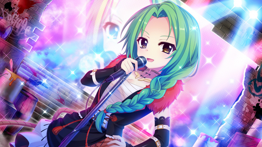 1girl arm_belt belt black_gloves black_skirt black_vest braid breasts brick_wall cleavage colored_lights concert crate dot_nose dutch_angle elbow_gloves film_grain fingerless_gloves fur_trim game_cg gloves graffiti green_hair hair_intakes hand_on_own_hip head_tilt holding holding_microphone idol idol_clothes izumi_tsubasu layered_skirt long_braid microphone microphone_stand multiple_belts non-web_source official_art open_mouth paint_can paintbrush re:stage! red_trim rope sarashi screen shimenawa single_braid skirt smile solo sparkle stage stage_lights stairs vest white_belt white_skirt yellow_eyes