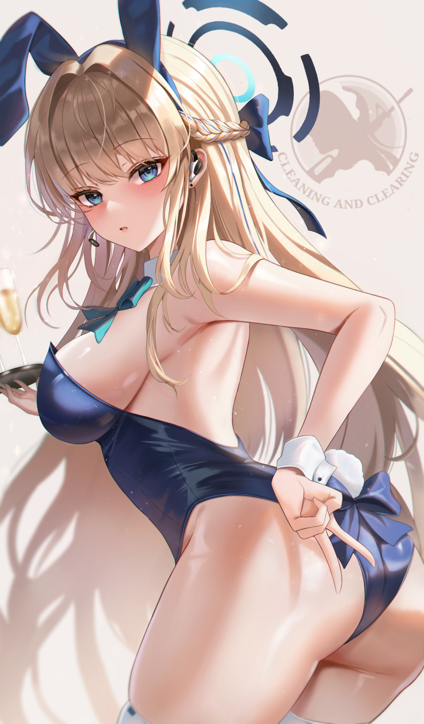1girl absurdres animal_ears ass bare_shoulders blonde_hair blue_archive blue_eyes blue_leotard blush bow bowtie braid breasts detached_collar earpiece fake_animal_ears french_braid halo highleg highleg_leotard highres large_breasts leotard long_hair looking_at_viewer playboy_bunny rabbit_ears solo starlip thighhighs thighs toki_(blue_archive) toki_(bunny)_(blue_archive) white_thighhighs wrist_cuffs