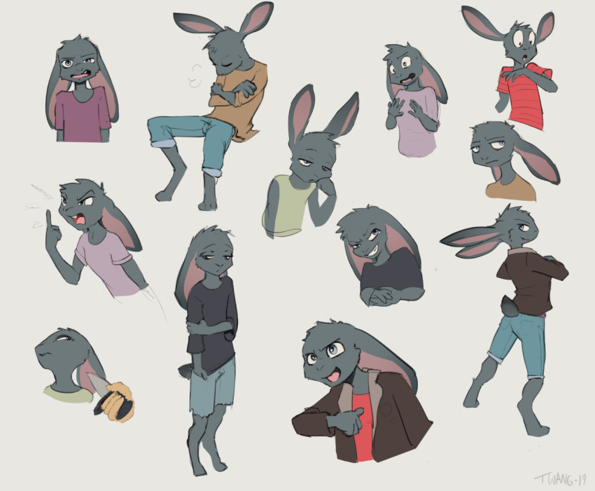 2019 anthro bottomwear clothed clothing expressions fur grey_body grey_eyes grey_fur knife lagomorph leporid long_ears male mammal multiple_expressions rabbit short_tail simple_background solo tail topwear twang white_background