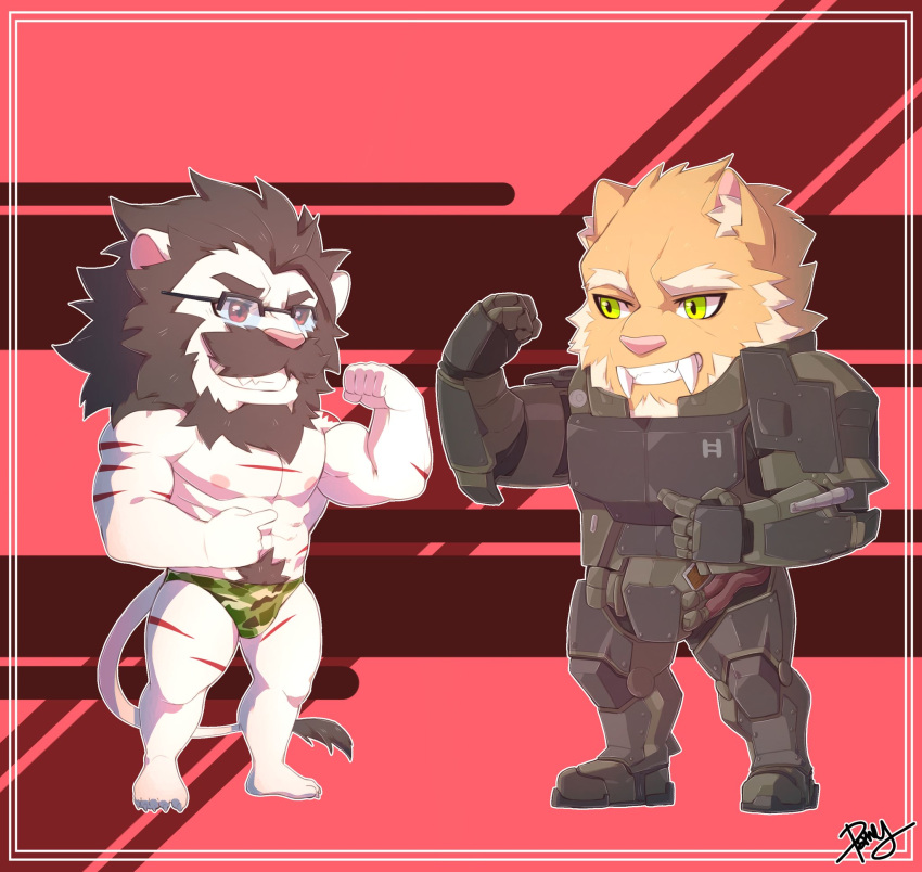 2019 abs anthro arm_scar armor barefoot beard black_hair boots cables camo camo_clothing camo_print camo_underwear chest_scar claws clothed clothing duo eyewear facial_hair fangs feet felid flexing_bicep footwear fur gio_madfang glasses green_armor green_eyes hair hi_res lion machairodontine machine male mammal mane muscular muscular_anthro muscular_male mustache nipples pantherine pattern_clothing pattern_underwear pecs power_armor pubes red_background red_eyes red_stripes saber_zelgrath_(character) sabertooth_(anatomy) scar shiriya_k simple_background stripes tail tail_tuft tan_body tan_fur teeth toe_claws tuft underwear underwear_only white_body white_fur