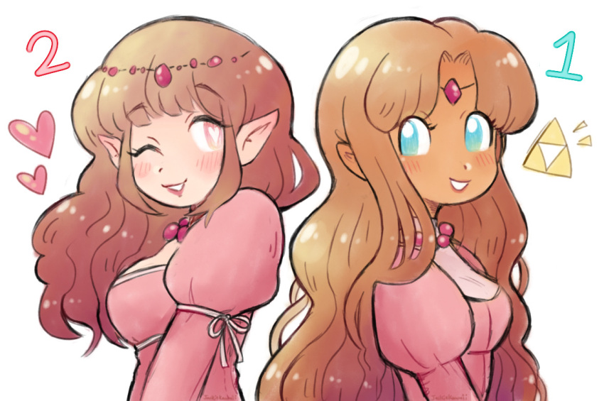 2girls back-to-back blue_eyes blush breasts brown_hair cleavage dress elf grin heart heart_in_eye jewelry long_hair long_sleeves looking_at_another looking_at_viewer multiple_girls necklace nintendo non-web_source pink_dress pointy_ears princess_zelda red_eyes sidelocks smile spoken_heart standing symbol_in_eye the_legend_of_zelda the_legend_of_zelda_(nes) tiara triforce zelda_ii:_the_adventure_of_link