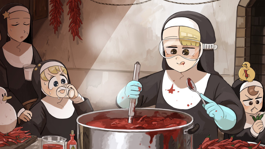 4girls bird blonde_hair blue_eyes brown_eyes brown_hair catholic chicken chili_pepper closed_eyes clumsy_nun_(diva) cooking cooking_pot diva_(hyxpk) duck duckling english_commentary froggy_nun_(diva) goggles habit highres little_nuns_(diva) milk multiple_girls nun spicy_nun_(diva) spoon star_nun_(diva) tongue tongue_out traditional_nun yellow_eyes