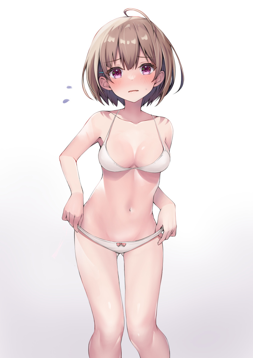 1girl absurdres ahoge bare_arms bare_shoulders blush bow bow_panties bra breasts brown_hair collarbone commentary_request dot_nose embarrassed feet_out_of_frame flying_sweatdrops hair_ornament hairclip harusaki_nodoka highres hololive ist_lei_mikan looking_at_viewer medium_breasts navel panties parted_lips pink_eyes short_hair simple_background solo standing stomach sweatdrop underwear underwear_only virtual_youtuber white_background white_bra white_panties